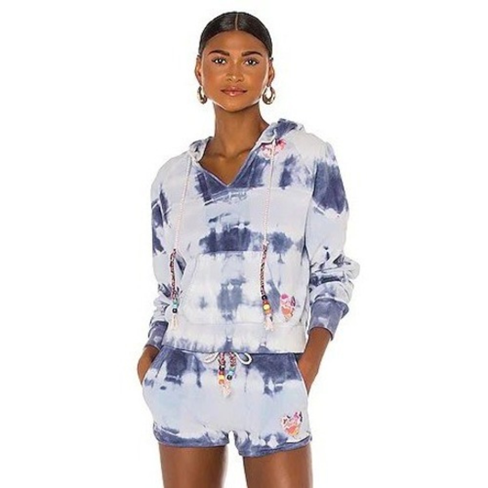 LOVESHACKFANCY Kirby Hoodie in Wave Top Size L Tie Dye Beach Beaded Patchwork‎